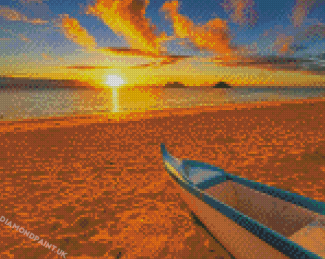 Beach And Canoe At Sunset Diamond Painting