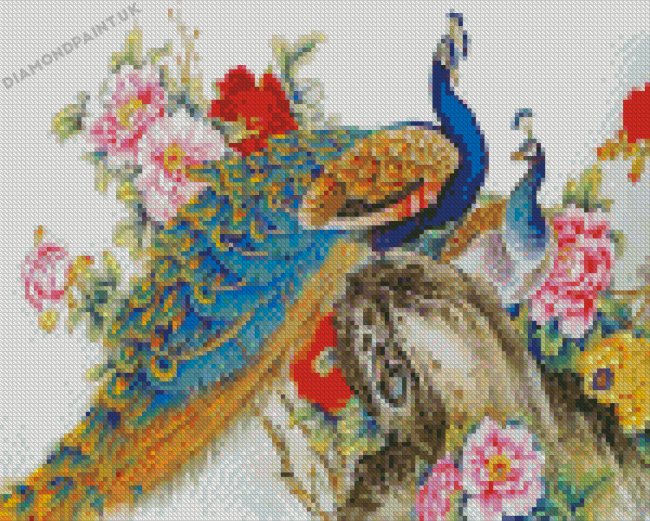 Peacock Couple And Flowers Diamond Painting