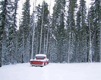Red Truck Snowy Forest Diamond Painting