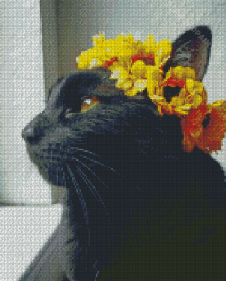 Black Cat And Sunflowers Crown Diamond Painting