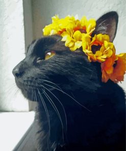 Black Cat And Sunflowers Crown Diamond Painting