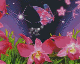 Blooming Pink Orchid And Butterfly Diamond Painting