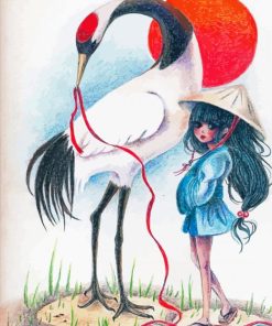 Red Crowned Crane With Girl Art Diamond Painting