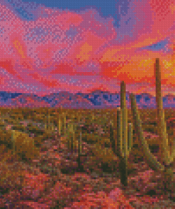 Cactus Near Mountain Sunset Diamond Painting