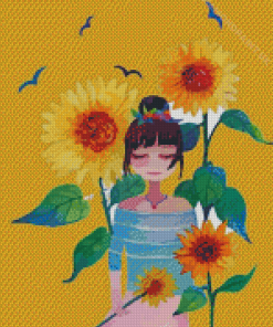 Girl With Yellow Flowers Diamond Painting