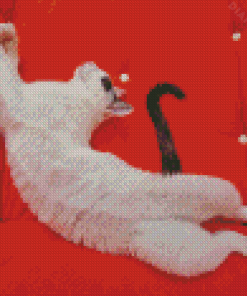 Cute White Cat With Black Tail On Sofa Diamond Painting