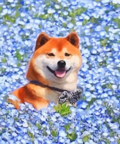 Shiba In Blue Flower Field Diamond Painting