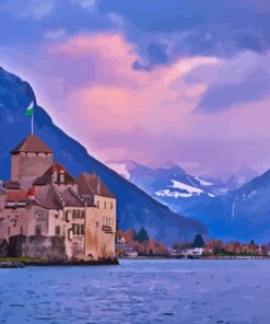 Sunset Lake Geneva Switzerland Chillon Castle Diamond Painting