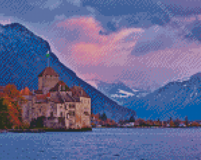 Sunset Lake Geneva Switzerland Chillon Castle Diamond Painting