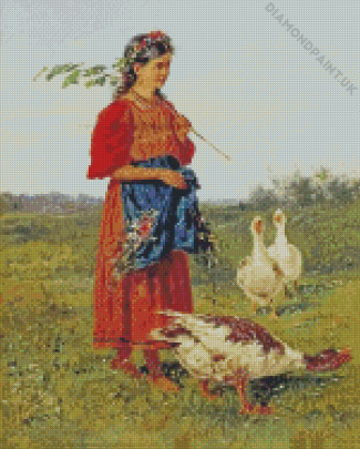 A Girl With Geese By Vladimir Makovsky Diamond Painting