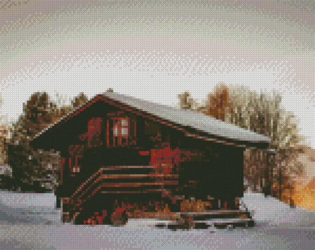 Snowfall Forest Cabin 5D Diamond Painting