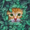 Cat Behind Green Leaves Diamond Painting