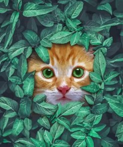 Cat Behind Green Leaves Diamond Painting
