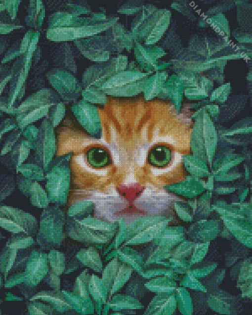 Cat Behind Green Leaves Diamond Painting