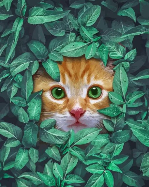 Cat Behind Green Leaves Diamond Painting