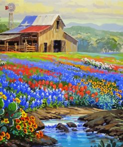 Flowers Field And Barn Diamond Painting