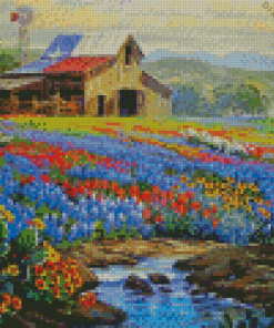 Flowers Field And Barn Diamond Painting