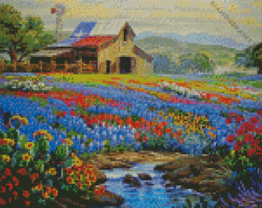 Flowers Field And Barn Diamond Painting