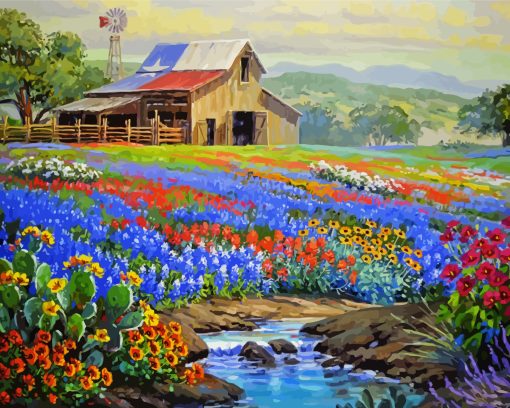 Flowers Field And Barn Diamond Painting