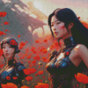 Japanese Girls And Red Flowers Diamond Painting