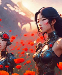 Japanese Girls And Red Flowers Diamond Painting