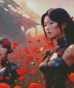 Japanese Girls And Red Flowers Diamond Painting