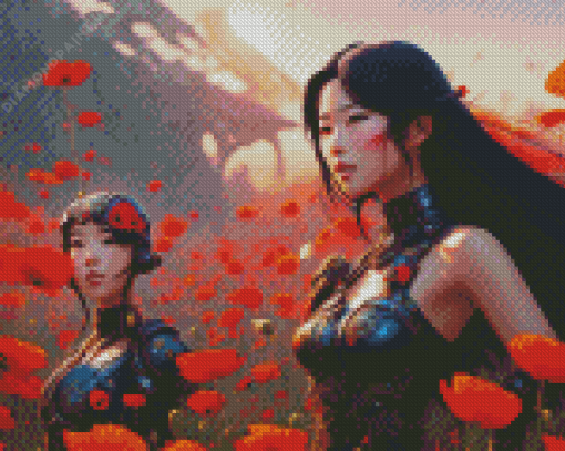 Japanese Girls And Red Flowers Diamond Painting