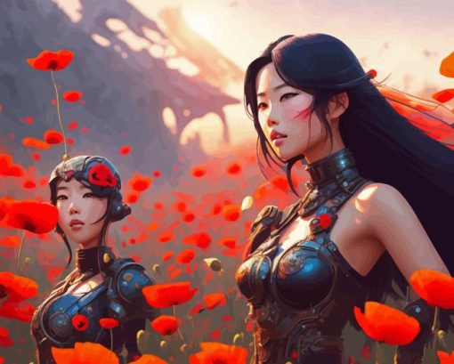 Japanese Girls And Red Flowers Diamond Painting