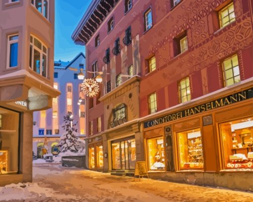 Saint Moritz Snowy Street Diamond Painting