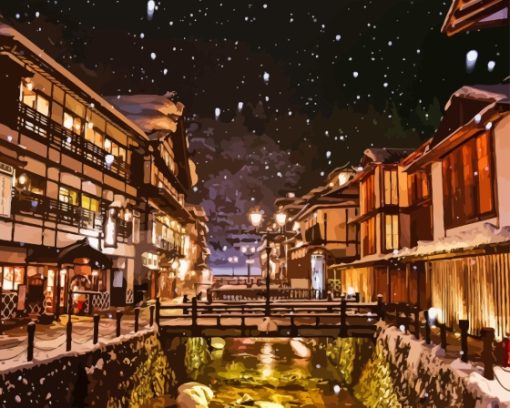 Snowy Day In Ginzan Onsen Diamond Painting