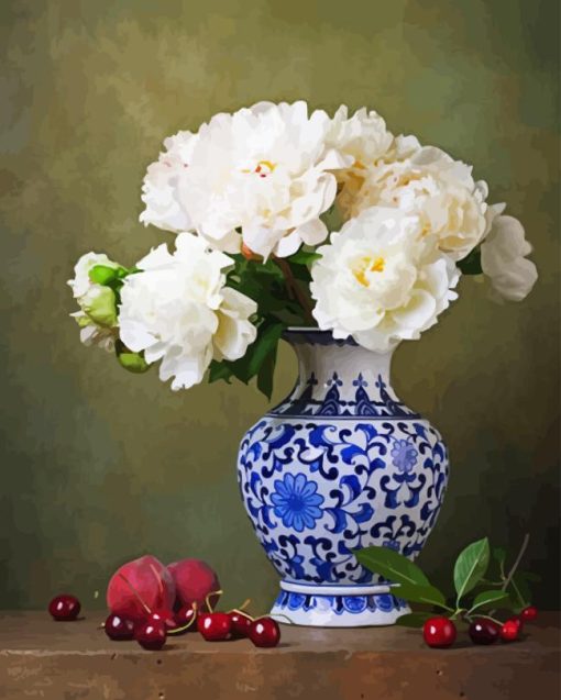 White Flowers In Chinese Vase Diamond Painting