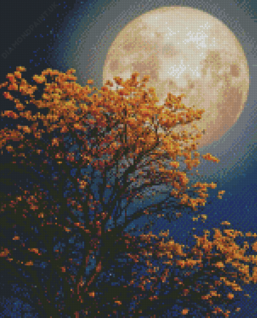 Yellow Tree In The Night Sky Moon Diamond Painting