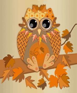 Cute Fall Owl With Leaves Diamond Painting