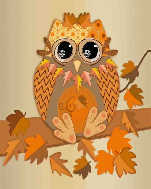 Cute Fall Owl With Leaves Diamond Painting