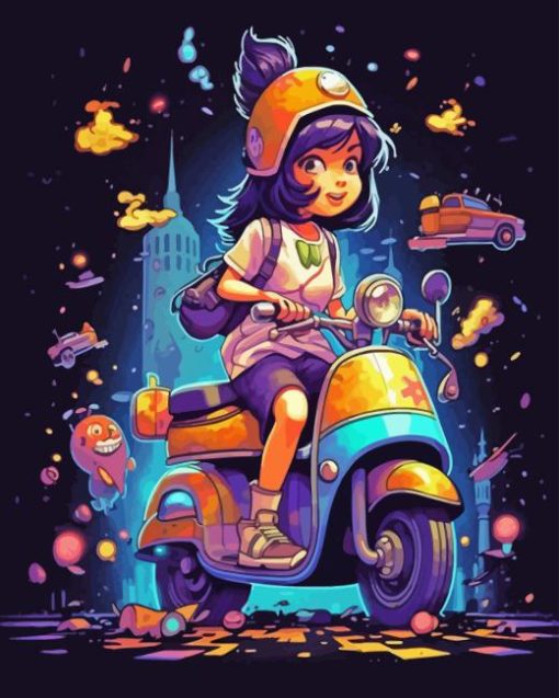 Girl Witch On Scooter Diamond Painting