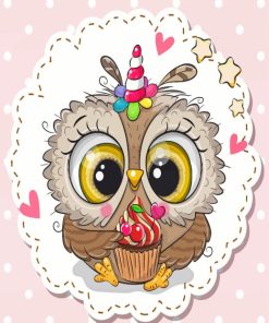 Owl With Unicorn Horn And Cupcake Diamond Painting