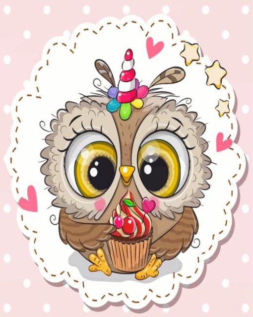 Owl With Unicorn Horn And Cupcake Diamond Painting