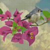 Tufted Titmouse And Bougainvillea Diamond Painting