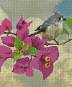 Tufted Titmouse And Bougainvillea Diamond Painting