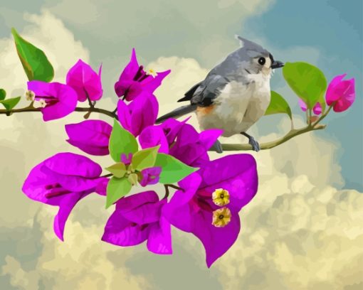 Tufted Titmouse And Bougainvillea Diamond Painting