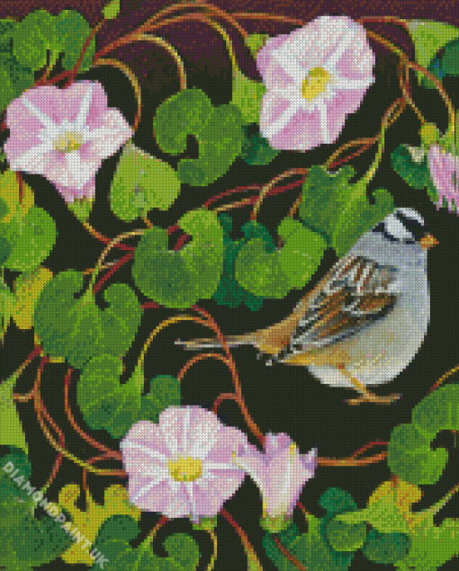 Bird And Pink Morning Glory Diamond Painting