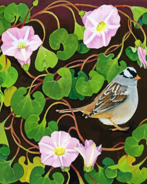 Bird And Pink Morning Glory Diamond Painting