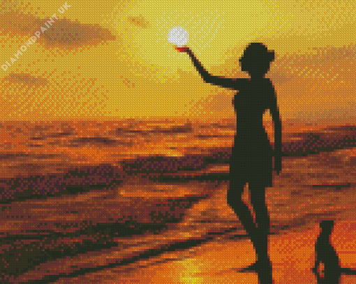 Cat And Girl Silhouette Beach Diamond Painting