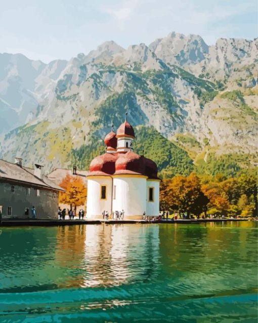 Konigssee Lake With St Bartholomews Church Diamond Painting