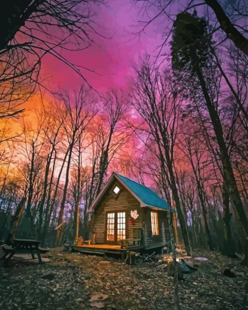 Log Cabin Sunset Diamond Painting