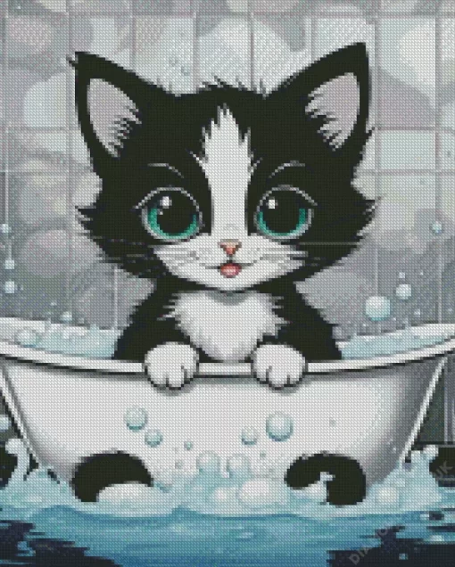 Black Cat Taking Bath Diamond Painting