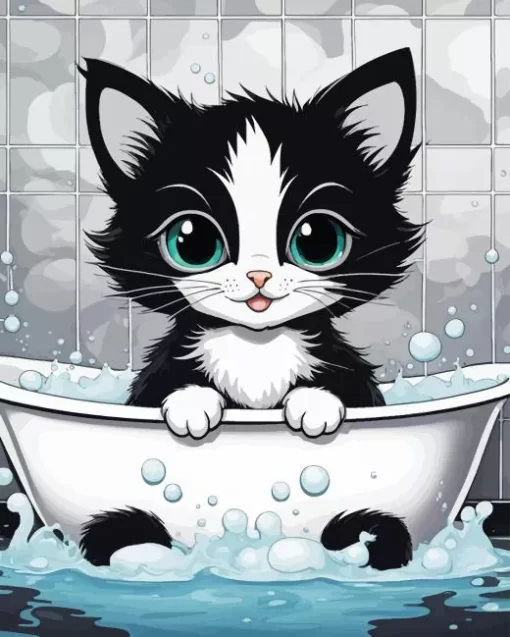 Black Cat Taking Bath Diamond Painting