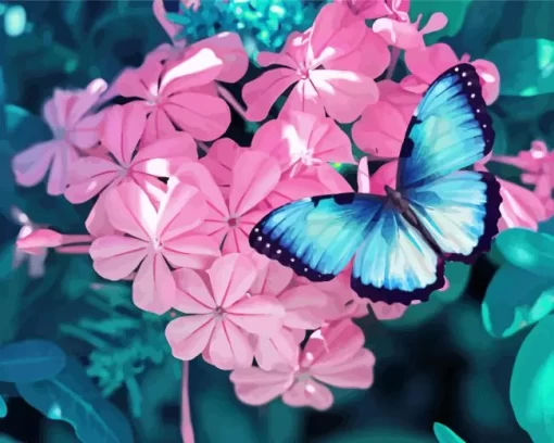 Blue And Black Butterfly On Pink Flowers Diamond Painting