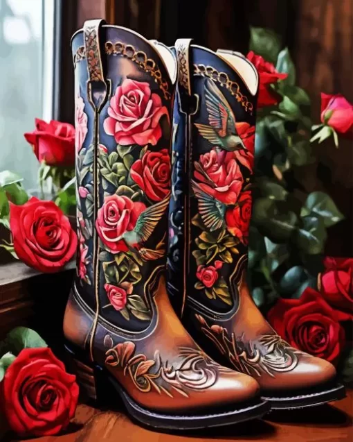 Cowgirl Boot And Roses Diamond Painting