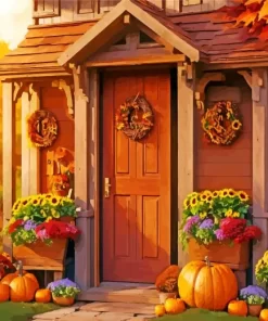 Autumn Farmhouse Front Porch Flowers Diamond Painting